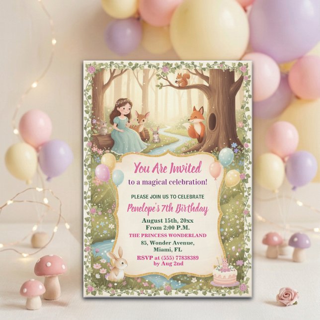Princess with Forest Animals 7th Birthday Party Invitation (Creator Uploaded)