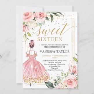 Princess with pink dress blush floral gold frame  invitation