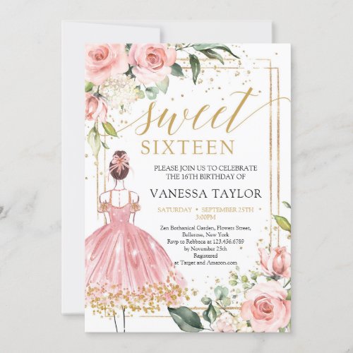 Princess with pink dress blush floral gold frame  invitation