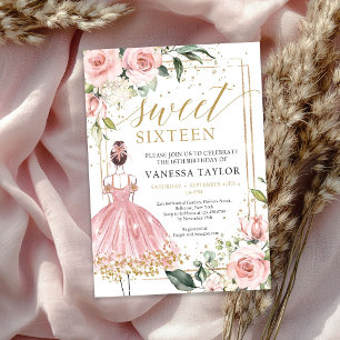 Princess with pink dress blush floral gold frame invitation