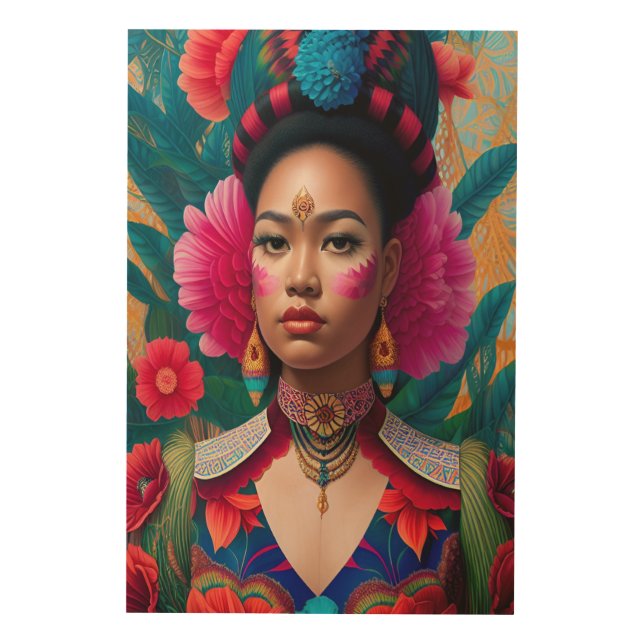 Princess with pink flower cheeks wood wall art (Front)