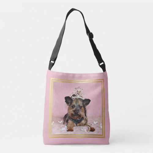 Princess Yorkshire Terrier With Crown  Diamonds Crossbody Bag