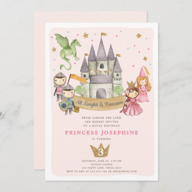 Princesses and Knights Girl Birthday Invitation (Front/Back)
