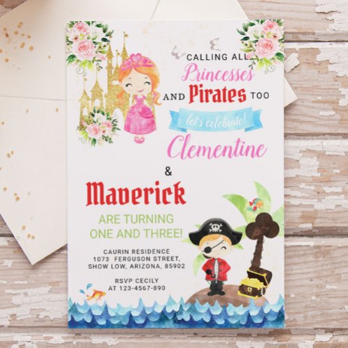 Princesses and Pirates Joint Sibling Birthday Invitation