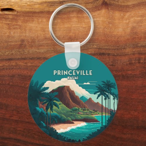 Princeville Kauai Hawaii Beach Mountains Retro Keychain
