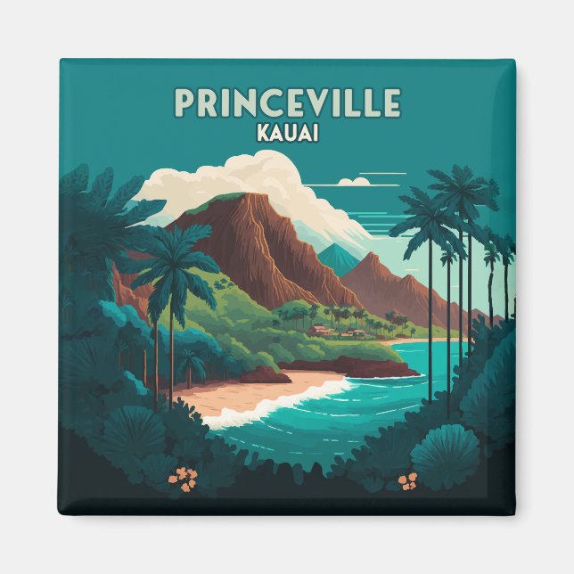Princeville Kauai Hawaii Beach Mountains Retro Magnet (Front)