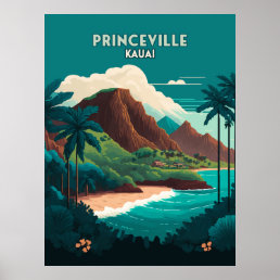 Princeville Kauai Hawaii Beach Mountains Retro Poster