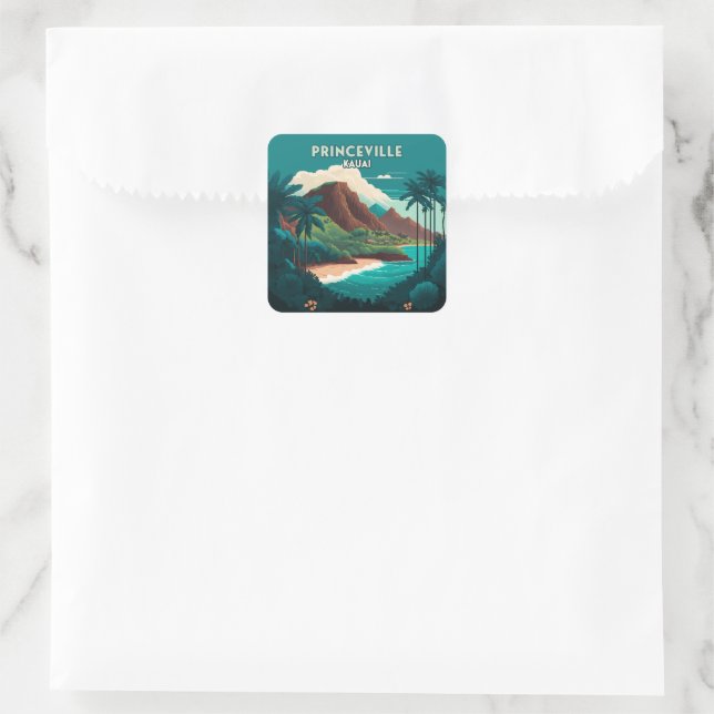 Princeville Kauai Hawaii Beach Mountains Retro Square Sticker (Bag)