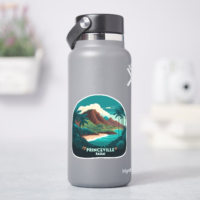 Princeville Kauai Hawaii Beach Mountains Retro Sticker (HydroFlask)