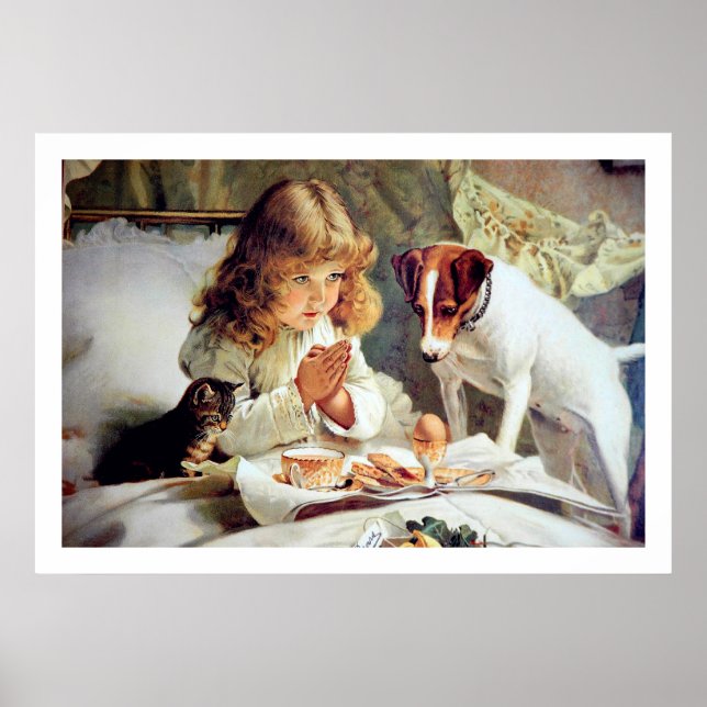 Print: Breakfast in Bed: Girl, Terrier & Cat Poster (Front)