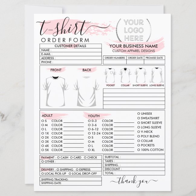 Print Clothing Apparel T-shirt Order Form