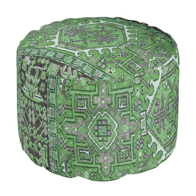 Print of Antique Oriental Carpet in Olive Green Pouf (Angled Front)