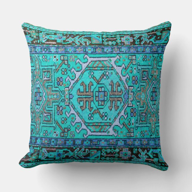 Print of Antique Oriental Carpet in Stunning Blues Throw Pillow (Front)