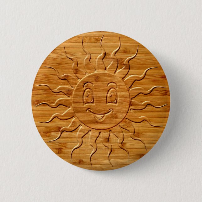 Print Of Smiling Sun Face Carved In Wood Button (Front)