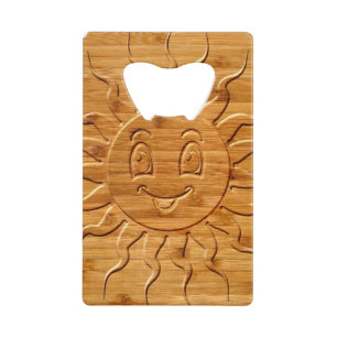 Print Of Smiling Sun Face Carved In Wood Credit Card Bottle Opener