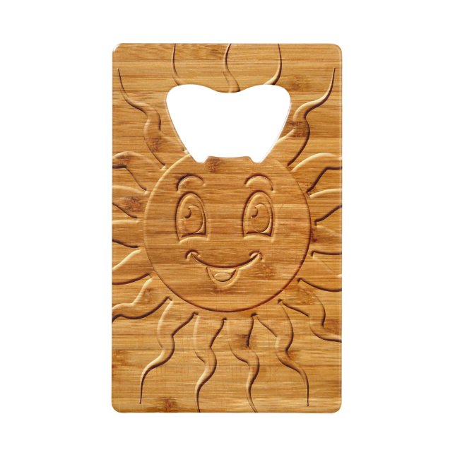 Print Of Smiling Sun Face Carved In Wood Credit Card Bottle Opener (Front)