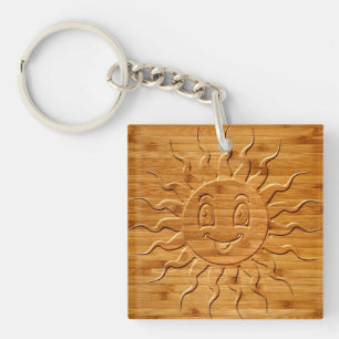 Print Of Smiling Sun Face Carved In Wood Keychain