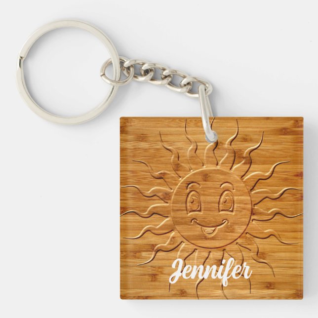 Print Of Smiling Sun Face Carved In Wood  Keychain (Front)
