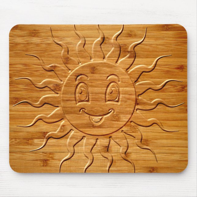 Print Of Smiling Sun Face Carved In Wood Mouse Pad (Front)