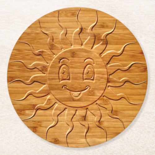 Print Of Smiling Sun Face Carved In Wood Round Paper Coaster