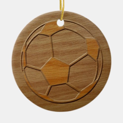 Print Of Soccer Ball Carved In Wood Ceramic Ornament