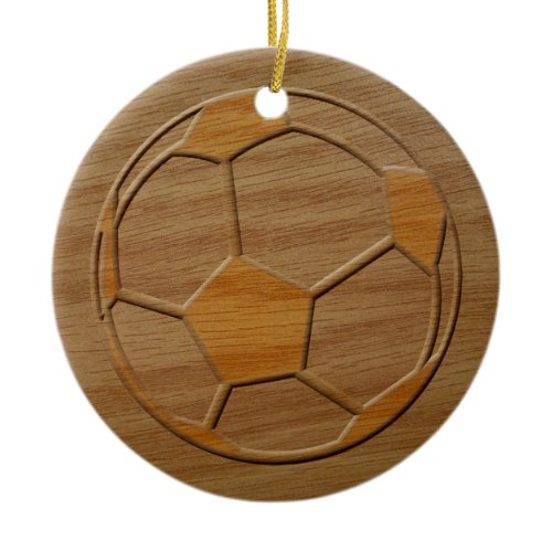 Print Of Soccer Ball Carved In Wood Ceramic Ornament