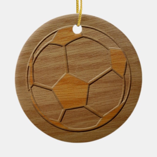 Print Of Soccer Ball Carved In Wood Ceramic Ornament (Front)