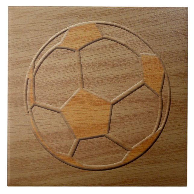 Print Of Soccer Ball Carved In Wood Ceramic Tile (Front)
