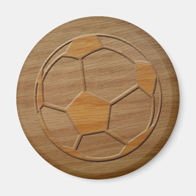 Print Of Soccer Ball Carved In Wood Magnet (Front)