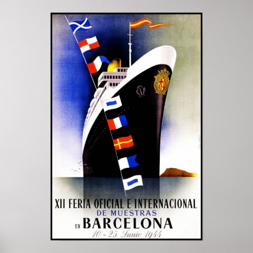 Print Retro Vintage Image Travel Barcelona Ship
