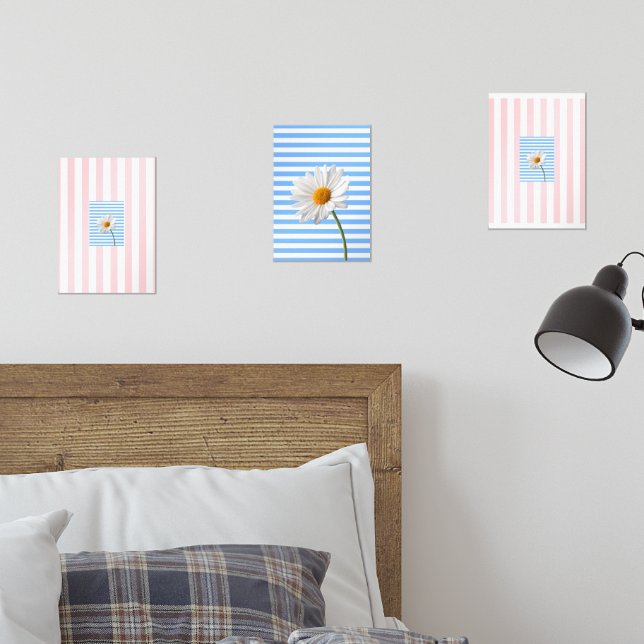 Print Set Blue Pink White Stripe Floral Daisy (Bedroom)