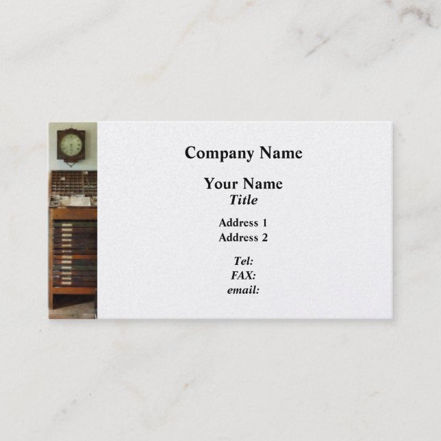 Print Shop with Clock Business Card (Front)