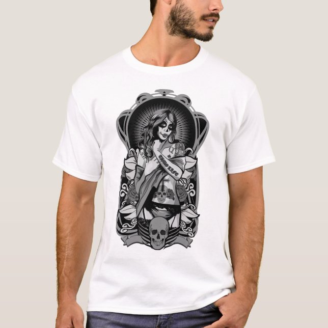 Print with  gangster woman. Chicano tattoo style. T-Shirt (Front)