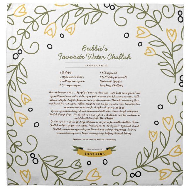 Print Your Own Challah Recipe Rising Dough Cover & Cloth Napkin (Front)