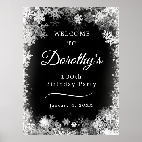 Printable 100th Birthday Snowflake Black Welcome Poster