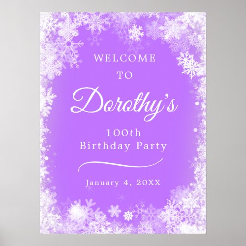 Printable 100th Birthday Snowflake Purple Welcome Poster