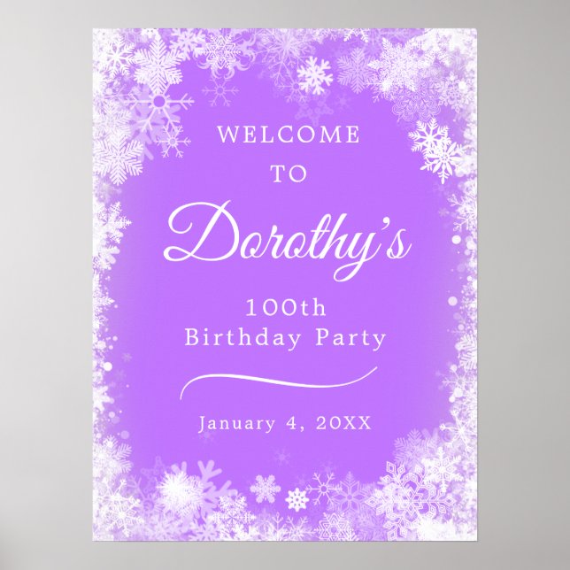 Printable 100th Birthday Snowflake Purple Welcome Poster (Front)
