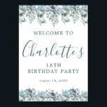 Printable 18th Birthday Blue Floral Welcome Poster<br><div class="desc">Welcome your guests with this elegant sign. Pretty dusty blue roses,  peonies and wildflowers decorate the top and border. A classic and easy-to-read font combination takes only minutes to personalize.</div>