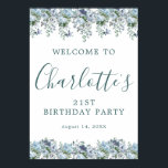 Printable 21st Birthday Blue Floral Welcome Poster<br><div class="desc">Welcome your guests with this elegant sign. Pretty dusty blue roses,  peonies and wildflowers decorate the top and border. A classic and easy-to-read font combination takes only minutes to personalize.</div>