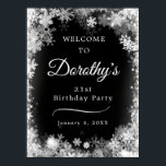 Printable 21st Birthday Snowflake Black Welcome Poster<br><div class="desc">Set the tone for your 21st birthday party with this Winter Wonderland Snowflake Welcome Sign showstopper. For your convenience, this poster can be downloaded as well as ordered on paper. The white text on the black background really pops and the white snowflake border makes it very festive. All of the...</div>