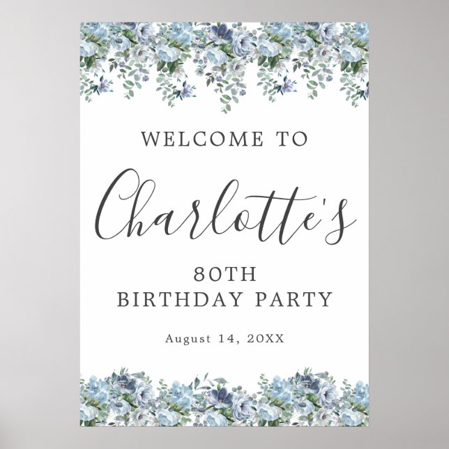 Printable 80th Birthday Blue Floral Welcome Poster (Front)
