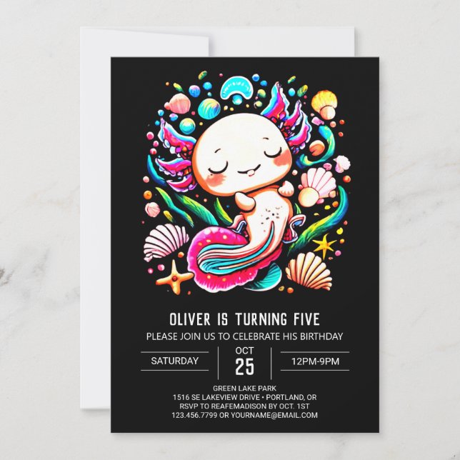 Printable Axolotl Colorful Birthday Invitation (Front)