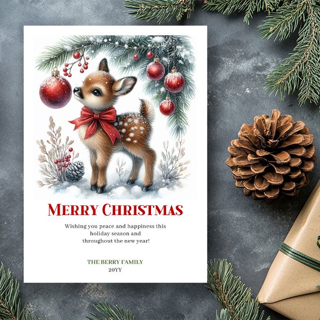Printable Baby Fawn Christmas Scene Watercolor  Holiday Card (Printable Baby Fawn Christmas Scene Watercolor Greeting Card

)