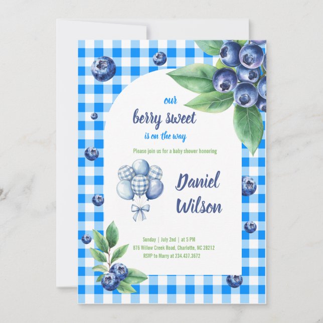 Printable Berry Sweet Blue Theme Baby Shower Invitation (Front)
