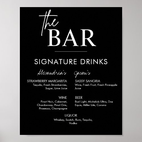 Printable Black Wedding Signature Drinks Bar Menu Poster