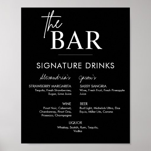 Printable Black Wedding Signature Drinks Bar Menu Poster | Zazzle