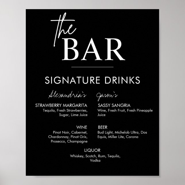 Printable Black Wedding Signature Drinks Bar Menu Poster (Front)