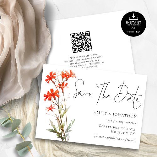 Printable Boho Red Wildflowers QR Code Script Save The Date