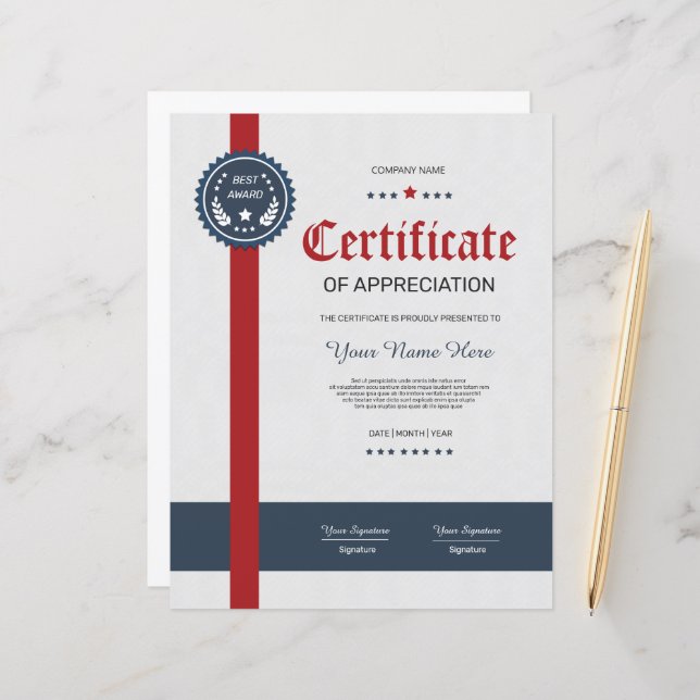 Printable Certificate Of Appreciation (Front/Back In Situ)