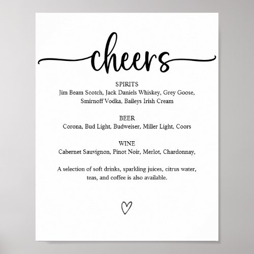 Printable Cheers Wedding Bar Sign Menu